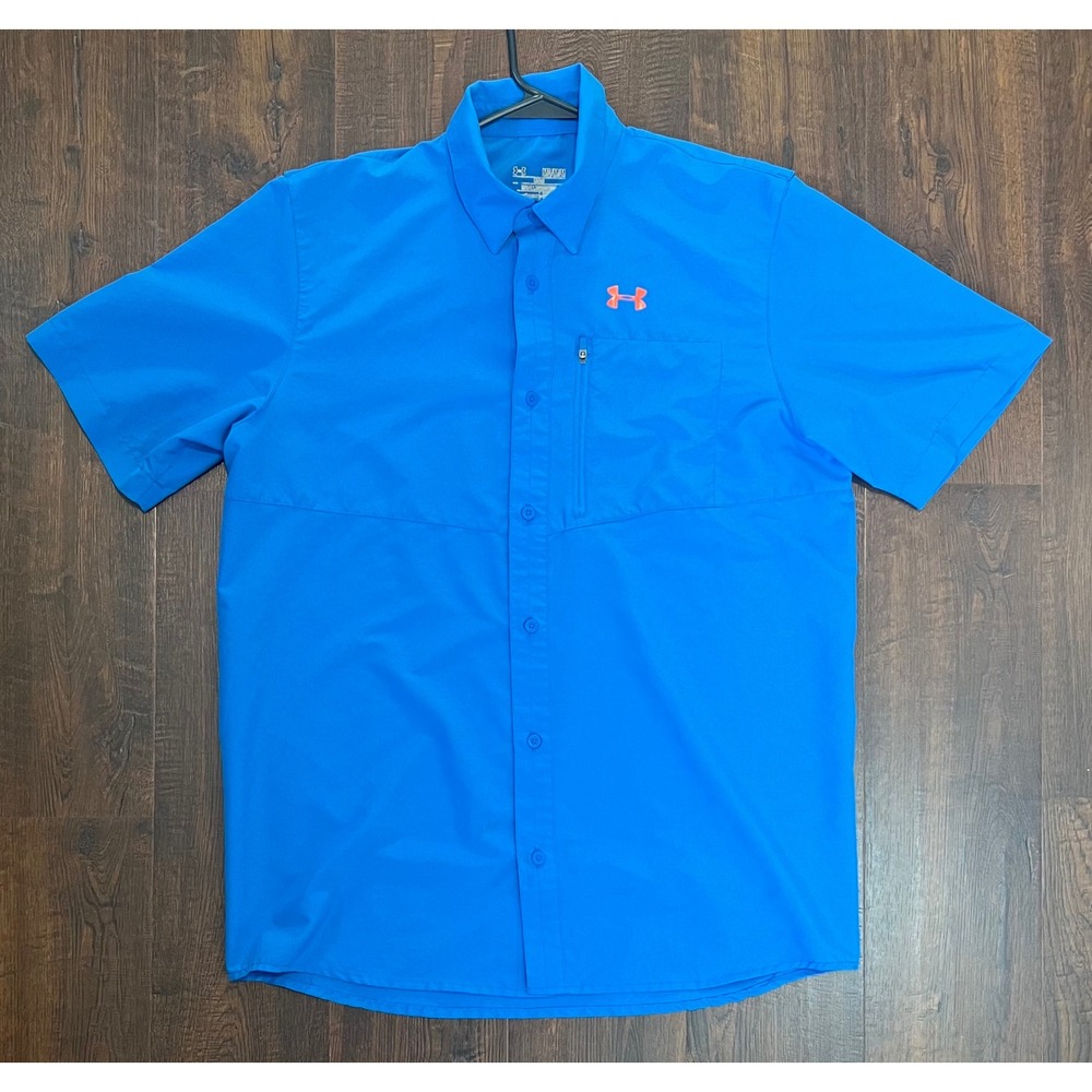 Under Armour HeatGear Fishing Shirt Mens Medium Blue Short Sleeve Button Down